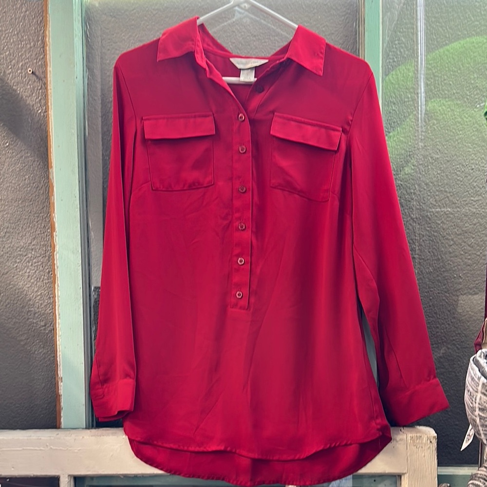 Christopher & Banks Red Buttoned Notched Collar Shirt